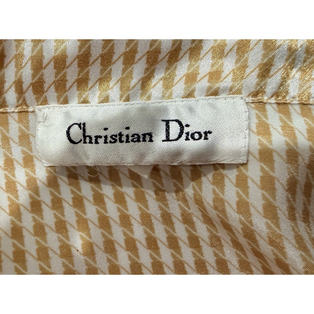 VTG CHRISTIAN DIOR Pajama Top Satin Gold Houndstooth Silk Lounge Shirt 24" PTP - Picture 9 of 10